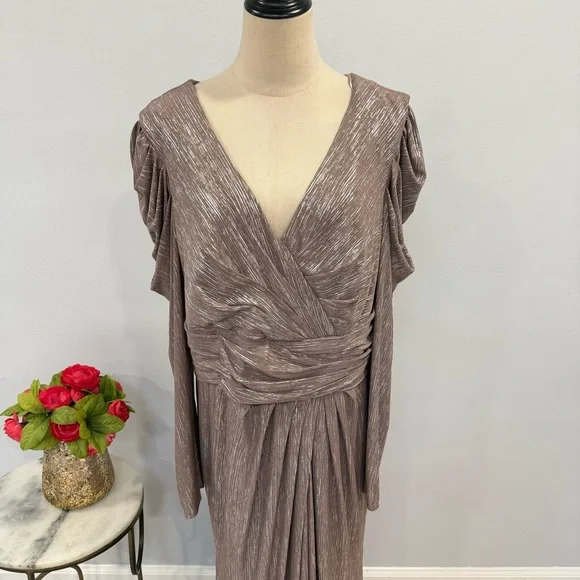 Mac Duggal 49503 Mauve Taupe Metallic Faux Wrap Draped Puff Sleeve Gown -Reemoly